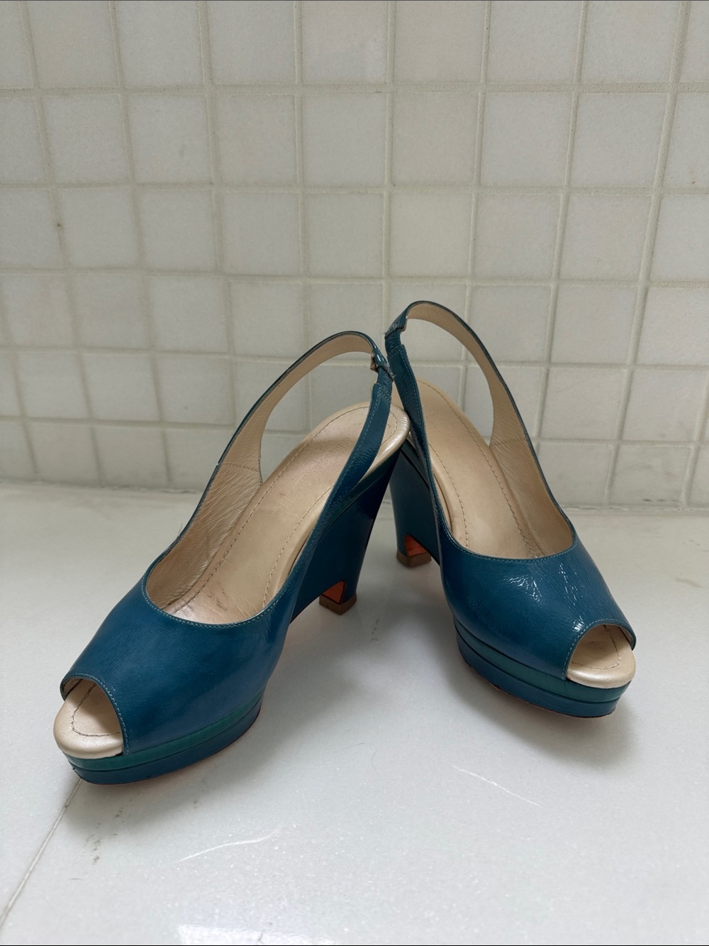 Jil Sander Teal Peep-Toe Slingback Platform Heels,351/2